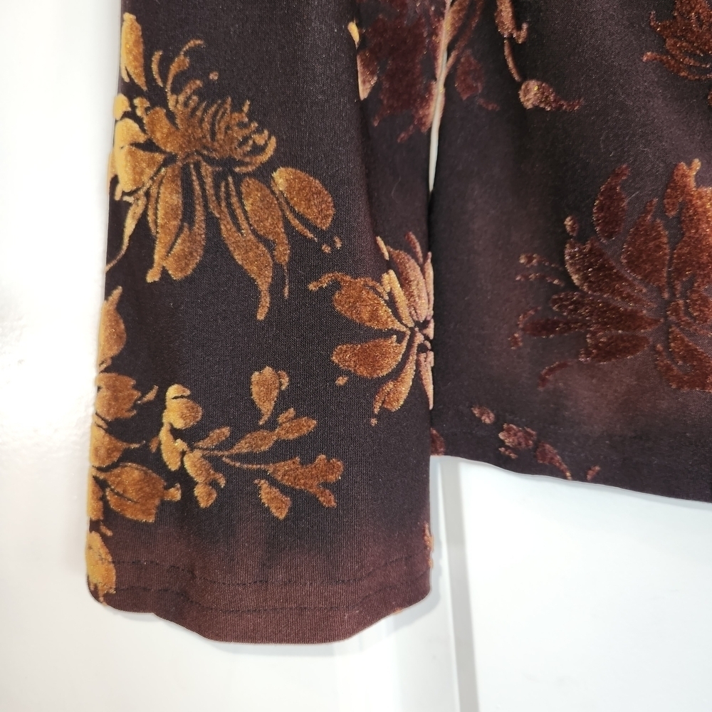 Vintage Velvet Burnout Browns & Gold Floral Long Sleeve V-Neck Top Size S/M Y2K - Picture 4 of 8